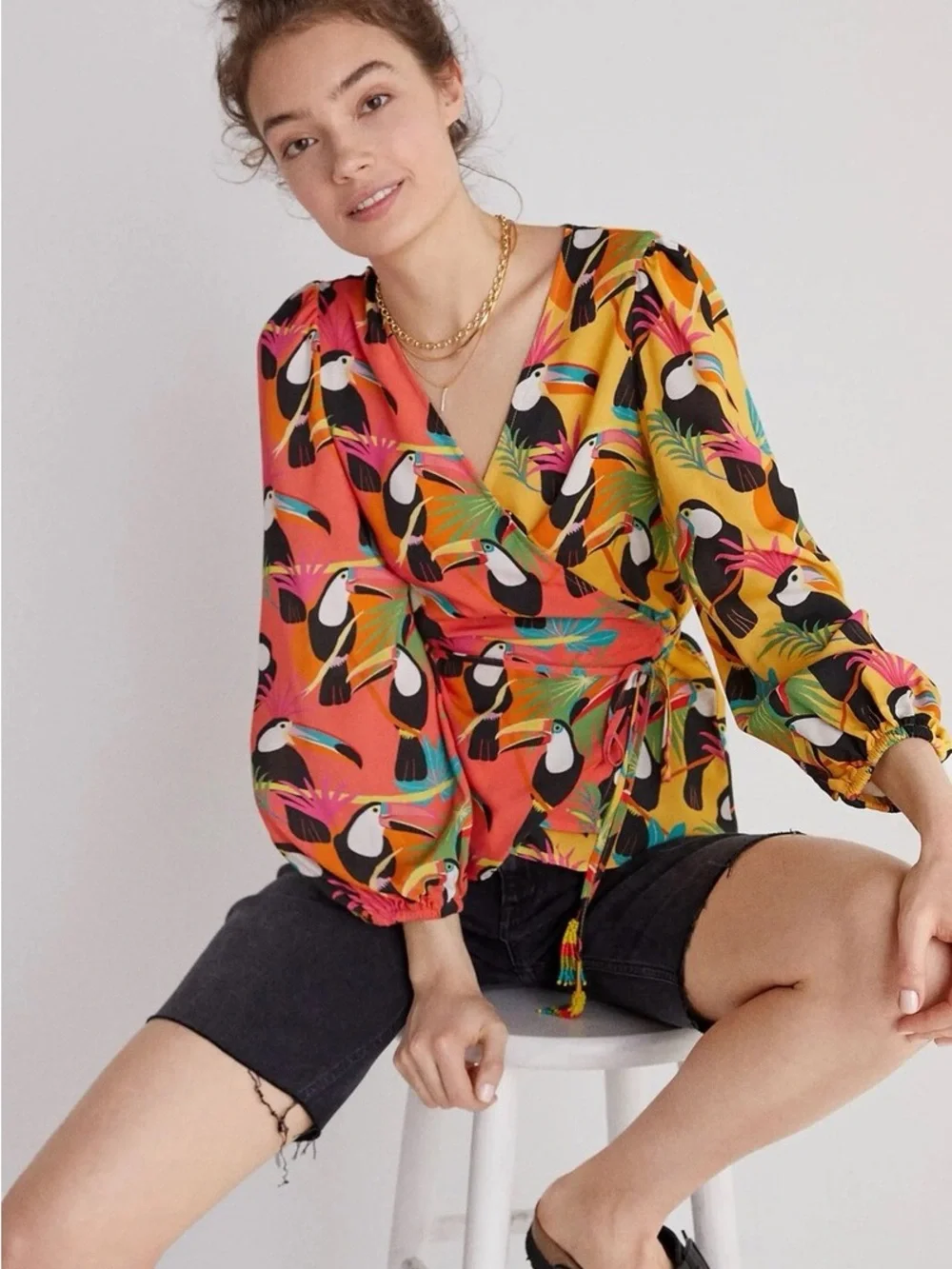 FARM Rio Toucan Wrap Blouse with beaded tassles - Size Small